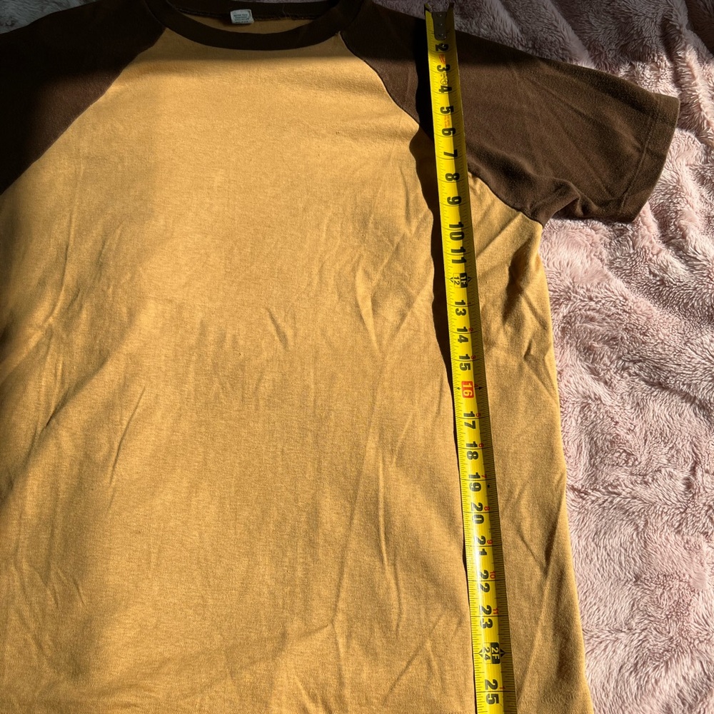 Men's Single Stitch USA Made Cotton Short Sleeve Raglan Tee in Mustard and Brown - Picture 8 of 9